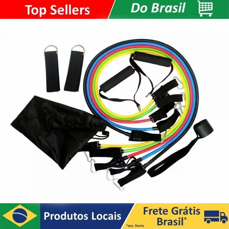 Kit de 11 Faixas de Resistência TPE para Fitness, Corda Elástica de Treinamento com Ancorador de Porta, Pegadores, Bolsa de Transporte e Tiras de Tornozelo para Pernas